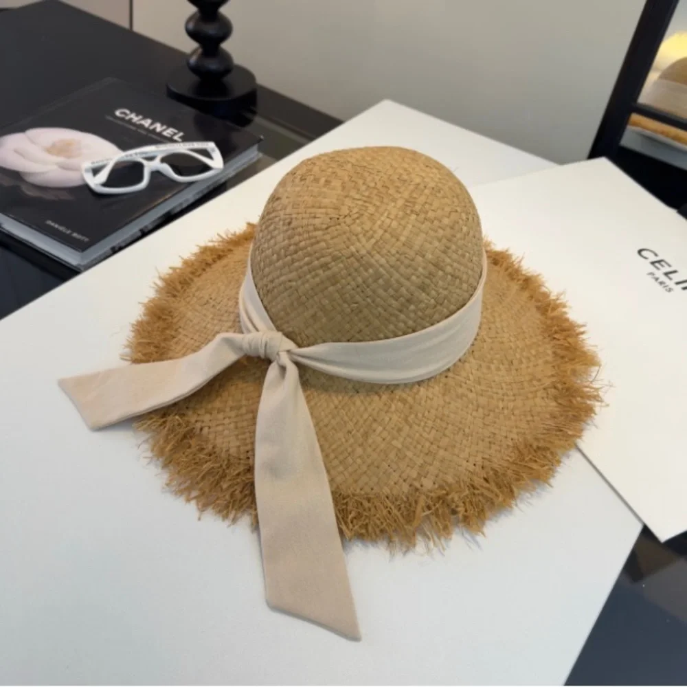 Chanel Natural Straw Wide-Brim Sun Hat with Beige Ribbon - Picture 4 of 7